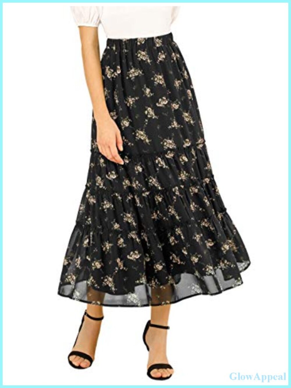 Floral Chiffon A-Line Tiered Ruffle Maxi Skirt High Waist Pleated